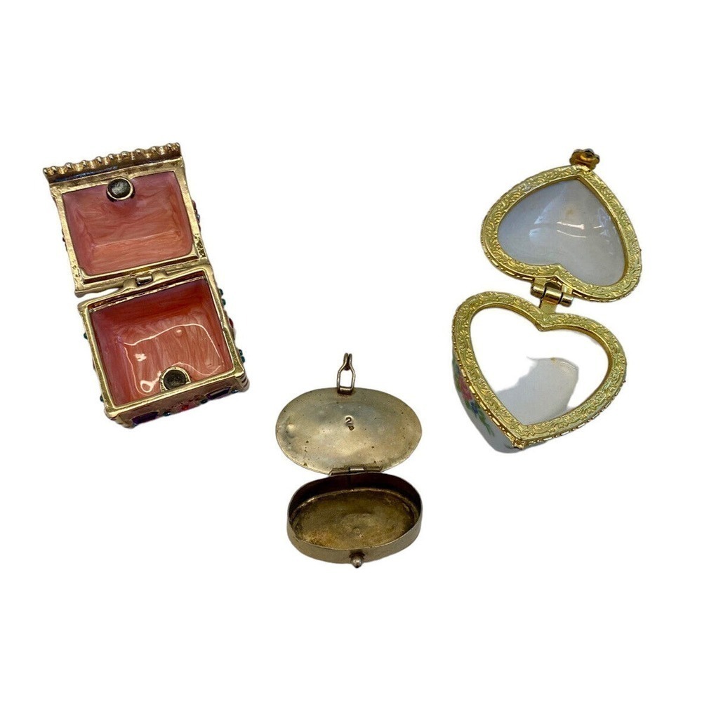 Vintage Antique Flower Rhinestones Opal Christmas Silver Gold 3 Mini Pill Boxes - Picture 2 of 13
